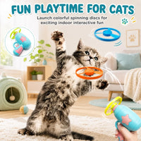 Cat Toy Launcher with 10 Flying Propellers, Interactive Toys for Cats Indoor Chasing & Fetch Toy for Kittens with Handheld Disc Launcher, Colourful Spinning Toys for Active Play
