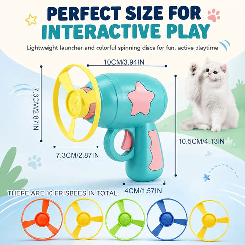 Cat Toy Launcher with 10 Flying Propellers, Interactive Toys for Cats Indoor Chasing & Fetch Toy for Kittens with Handheld Disc Launcher, Colourful Spinning Toys for Active Play