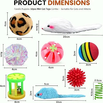 10 Pcs Interactive Cat Toy Combo Set | Assorted Balls, Mouse, Spring & Ball Bell Toys for Cats & Kittens | Indoor Play, Hunting, Exercise & Mental Stimulation